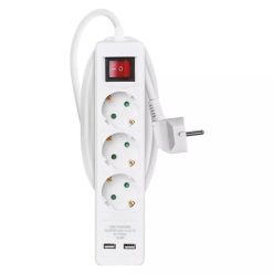   Hosszabbító 2 m / 3 aljzat / kapcsolós / fehér / PVC / USB / 1,5 mm2