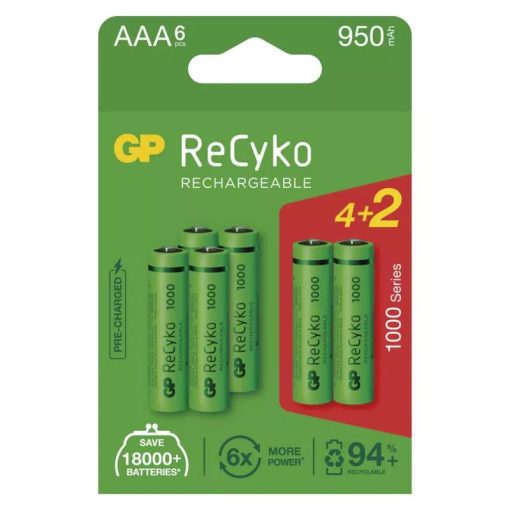 GP ReCyko NiMH Akkumulátor HR03 (AAA) 950mAh 4+2db